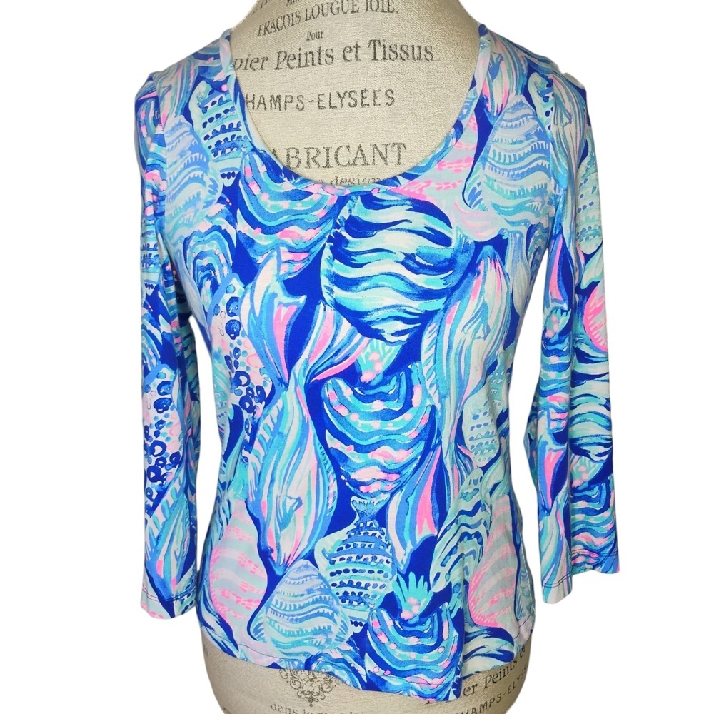 Lilly Pulitzer Top Women XS Twilight Blue Scale Up Fish Print 3/4 Sleeve Coastal